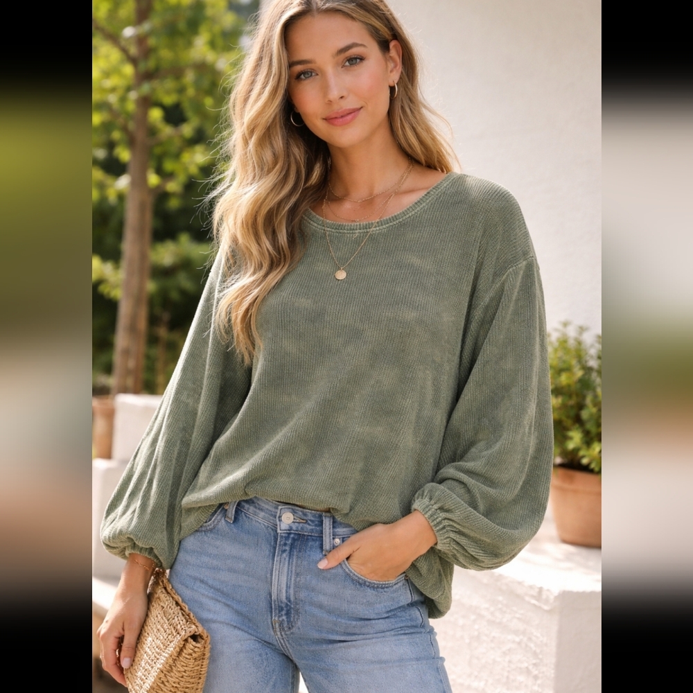 Anthropologie Pilcro Balloon Sleeve Acid Wash Waffle Knit Thermal Top